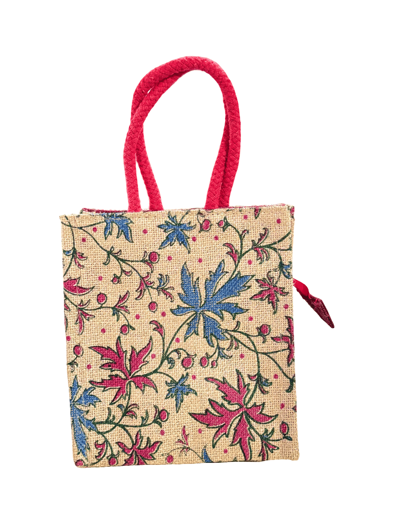 Eco-Friendly Jute Floral Print Small Gift Bag with Red Handles - Versatile & Stylish (Small) T