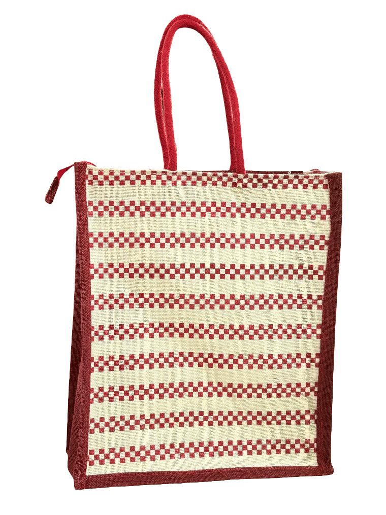 Eco-Friendly Jute Shopping Bag | Maroon Checkered Pattern Tote with Zipper (Medium) T