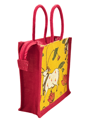 Vibrant Hand-Painted Nandi Cow & Lotus Jute Bag - Eco-Friendly Zippered Tote (T)