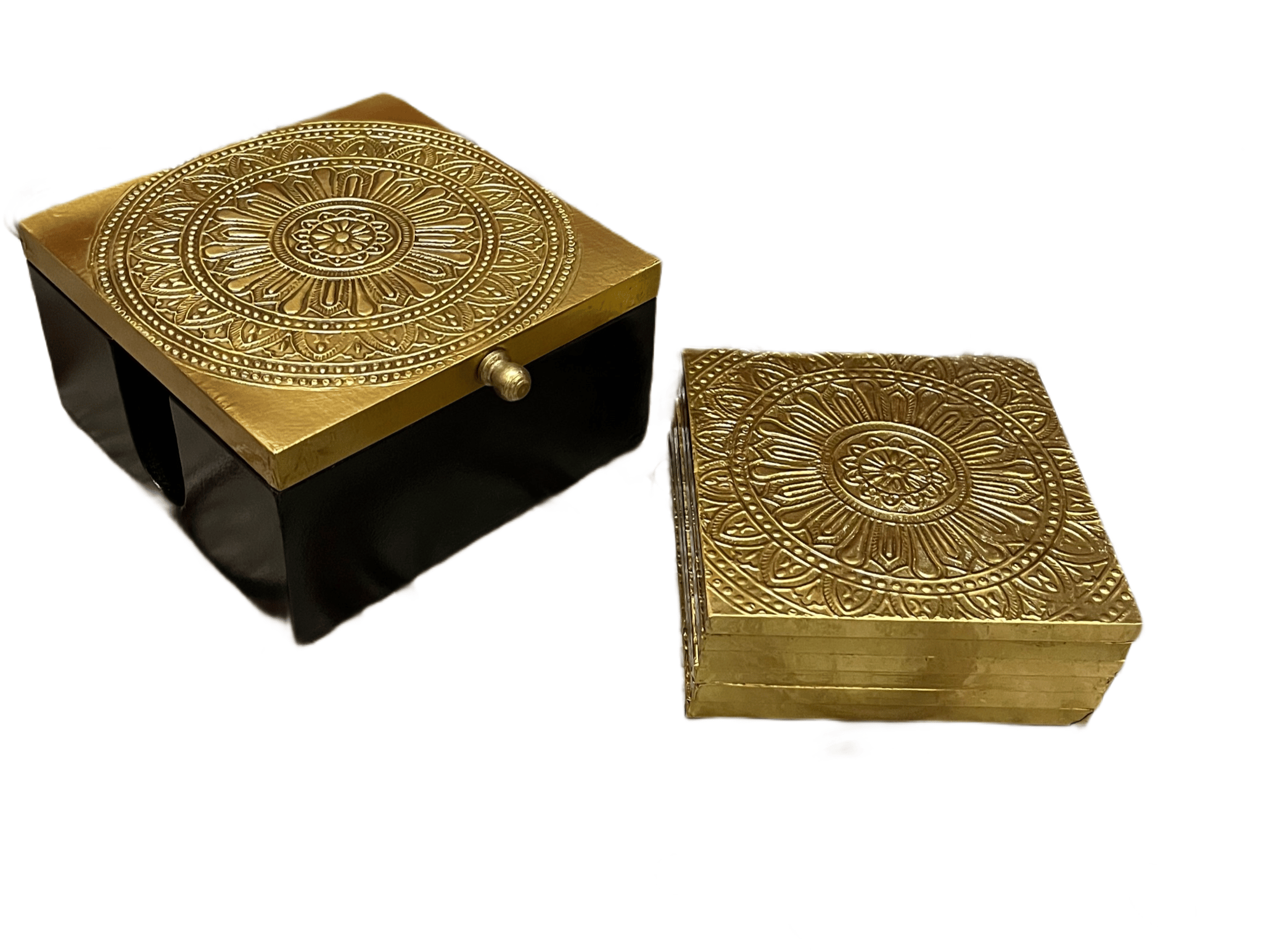 Golden Brass & Wooden Coaster Set with Holder for Home Decor