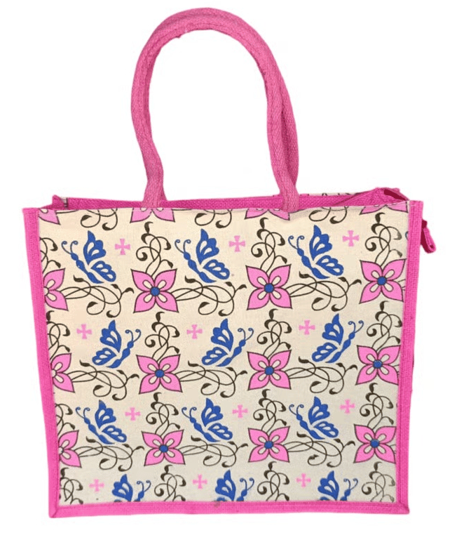 Eco-Friendly Jute Bag: Pink Floral & Butterfly Print Tote with Zip Closure