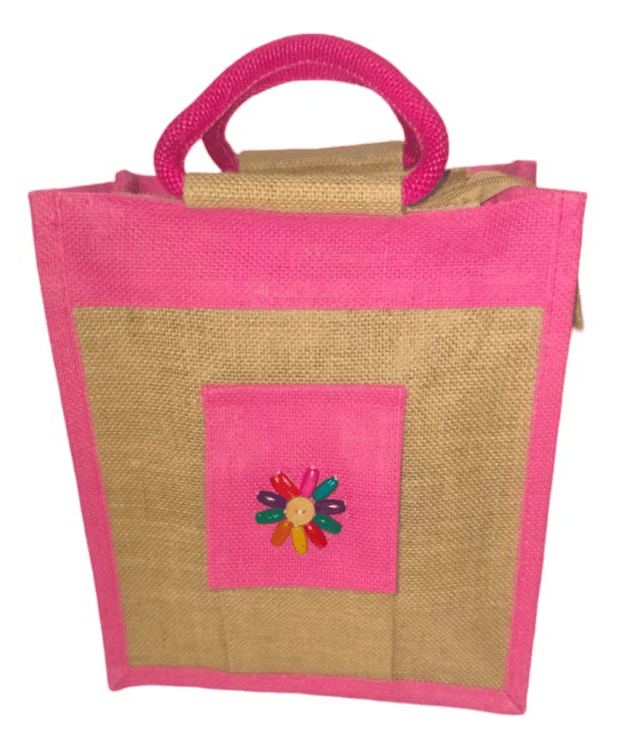 Eco-Friendly Pink Jute Bag with Colorful Floral Design - Stylish & Durable Handbag