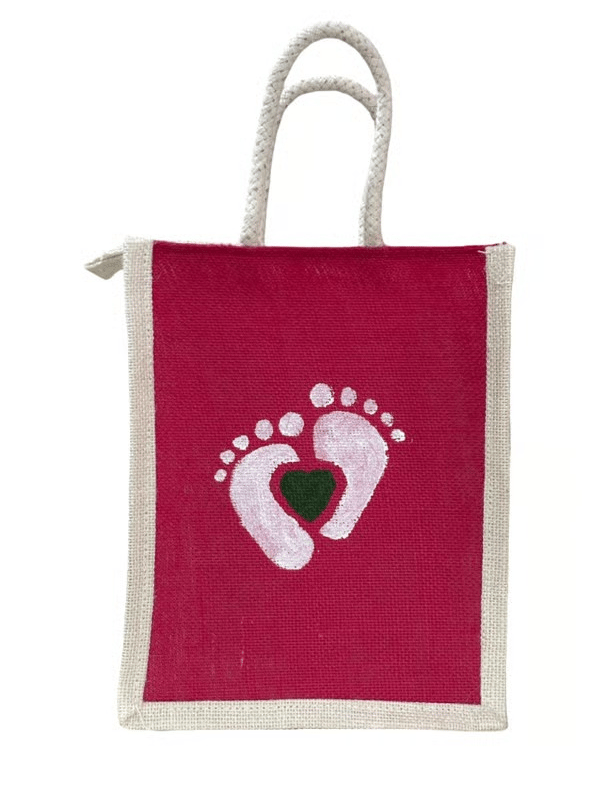 Eco-Friendly Pink Jute Bag with Baby Footprints & Heart Design - Perfect Baby Shower Gift