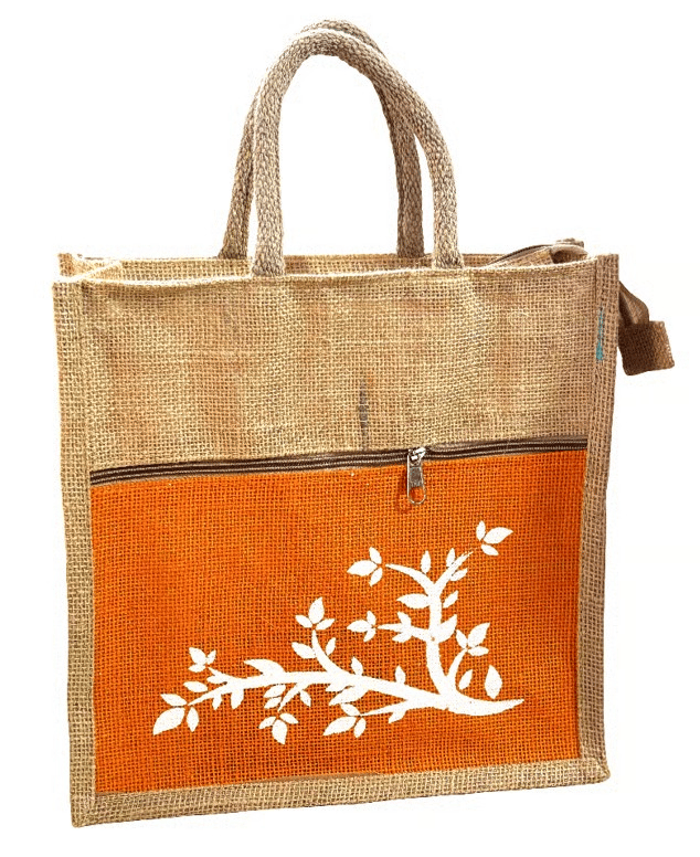 Stylish Jute Tote Bag with Orange Floral Pocket & Zipper - Eco-Friendly Reusable