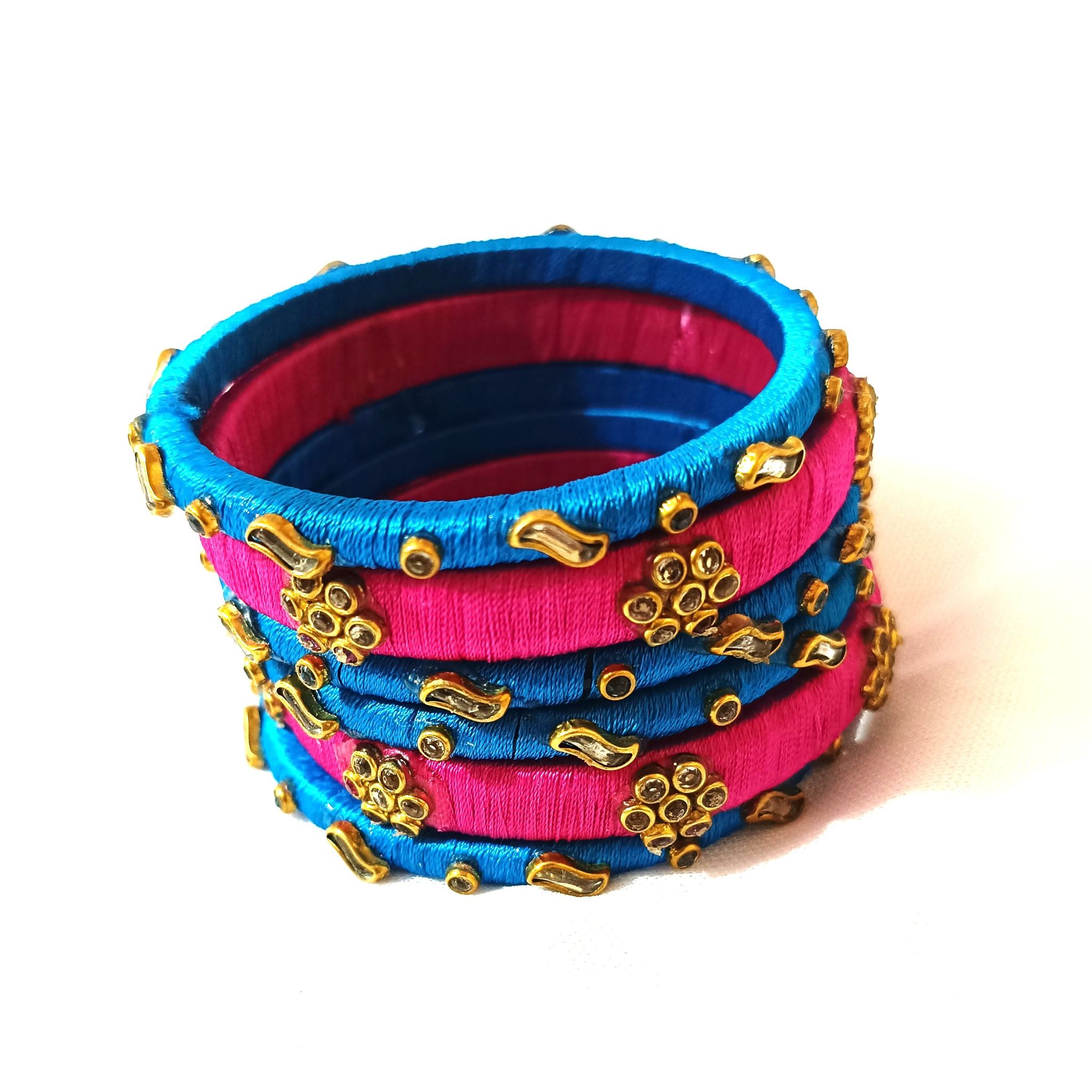 Pink & Sky Blue Silk Thread Bangles with Floral Embellishments