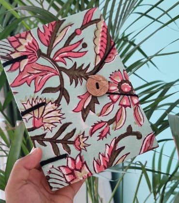 Handcrafted Light Blue Diary with Pink Floral Printed Design