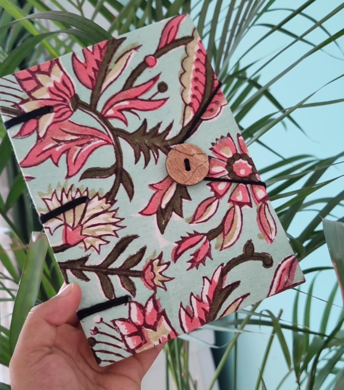 Handcrafted Light Blue Diary with Pink Floral Printed Design