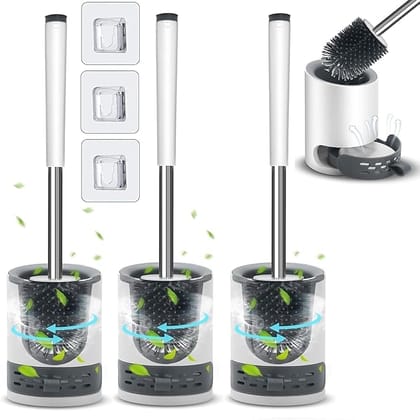 Pack of 3 Silicone Toilet Brush with Holder Stand, Quick Drying Toilet Bowl Cleaner Brush and Stand, Pot Commode Bathroom Tile Cleaning Scrubber Brushes