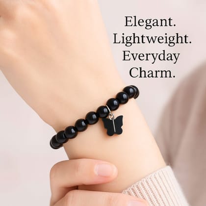 Elegant Black Beaded Bracelet with Good Luck Butterfly Charm - Lightweight Everyday Wear (Pack of 2) Elegant Black Beaded Bracelet with Good Luck Butterfly Charm - Lightweight Everyday Wear (Pack of 2)