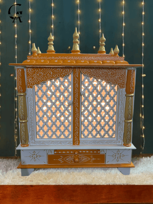 Handcrafted Wooden Pooja Mandir with led light,Jali Work & Drawer - Home Temple for Divine Serenity Handcrafted Wooden Pooja Mandir with led light,Jali Work & Drawer - Home Temple for Divine Serenity