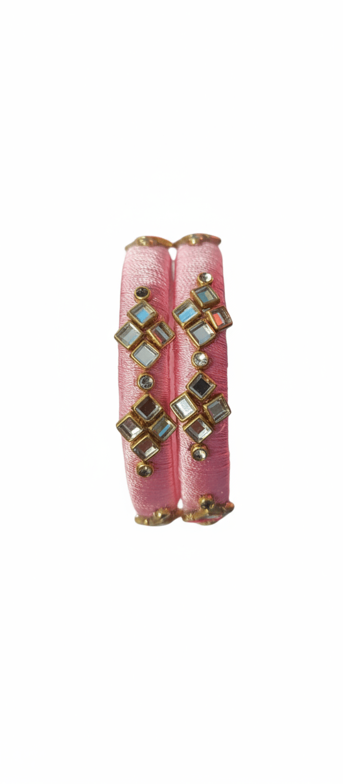 Pink Silk Thread Bangles with Mirror & Stone Embellishments