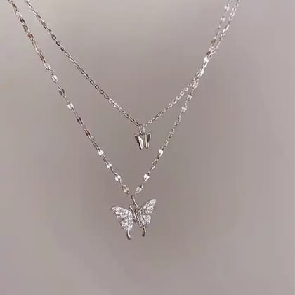 Elegant Layered Butterfly Necklace Set - Silver Tone with Sparkly CZ Pendant Elegant Layered Butterfly Necklace Set - Silver Tone with Sparkly CZ Pendant