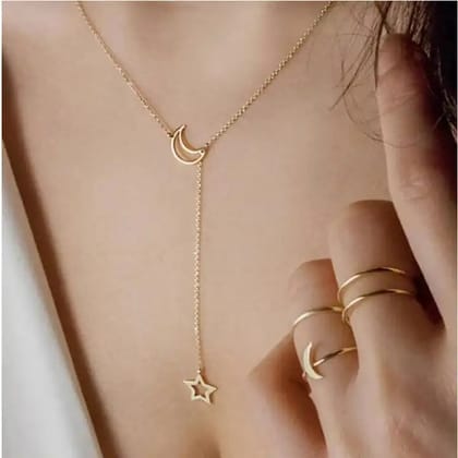 Gold-Toned Celestial Moon & Star Y-Shaped Lariat Necklace for Women Gold-Toned Celestial Moon & Star Y-Shaped Lariat Necklace for Women