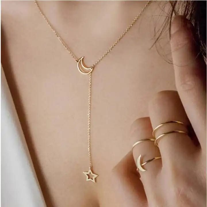 Gold-Toned Celestial Moon & Star Y-Shaped Lariat Necklace for Women