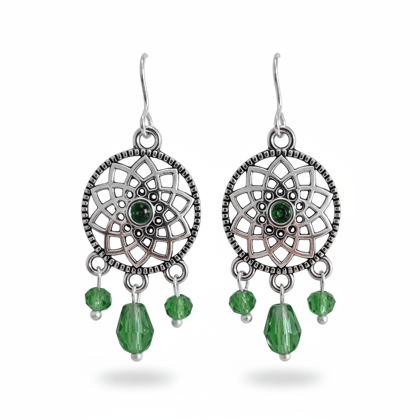 Ethnic Silver-Toned Green Beaded Filigree Mandala Dangler Earrings for Women Ethnic Silver-Toned Green Beaded Filigree Mandala Dangler Earrings for Women