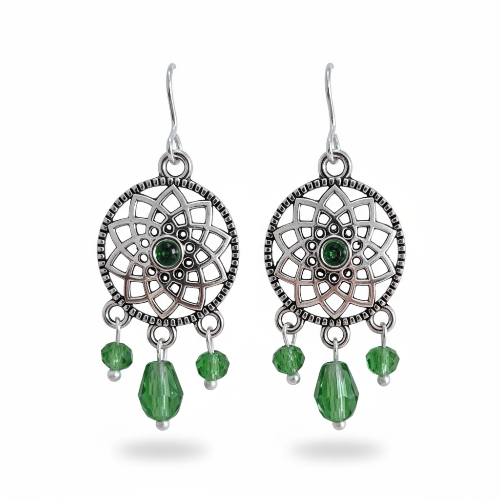 Ethnic Silver-Toned Green Beaded Filigree Mandala Dangler Earrings for Women