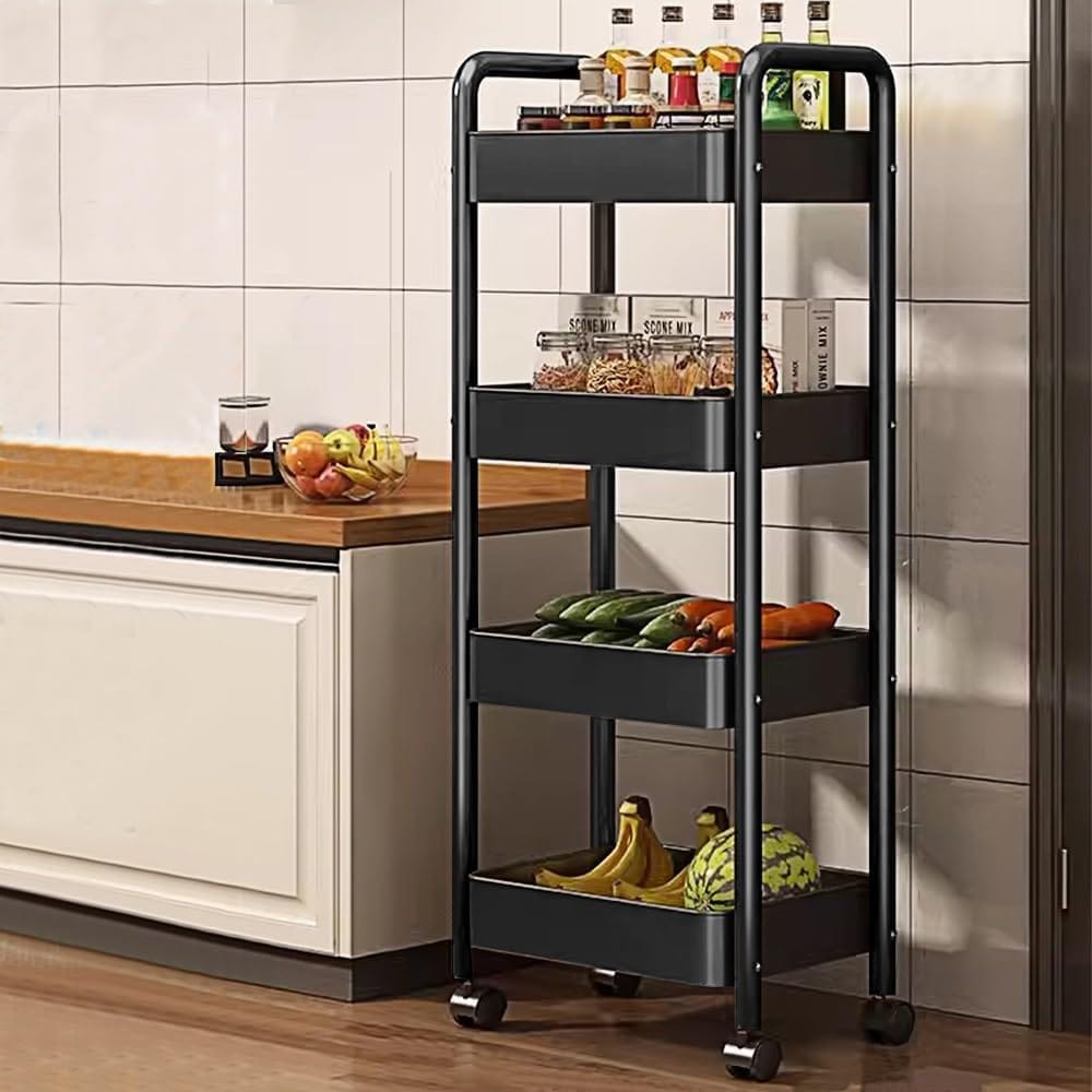 Versatile 4-Tier Black Metal Rolling Storage Cart for Kitchen & Home Organization