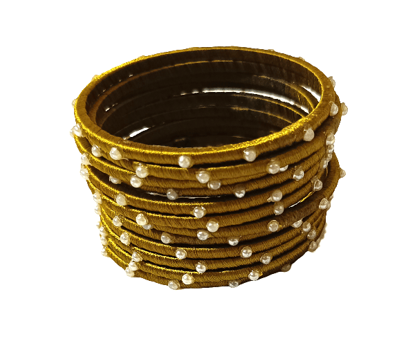 Golden Silk Thread Bangles with Pearls - Traditional Indian Handcrafted Set