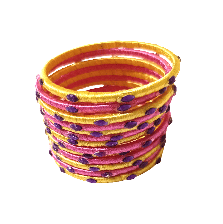 Vibrant Pink & Yellow Silk Thread Bangles with Stone Work - Handcrafted Indian Jewelry