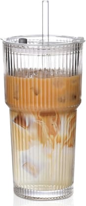 Elegant Glass Ribbed Long Sipper with Reusable Glass Straw, 600 ML, Set of 1, Vertical Lining Mug for iced Coffee, Smoothies, Milkshakes, Juice Hot & Cold Beverages Elegant Glass Ribbed Long Sipper with Reusable Glass Straw, 600 ML, Set of 1, Vertical Lining Mug for iced Coffee, Smoothies, Milkshakes, Juice Hot & Cold Beverages