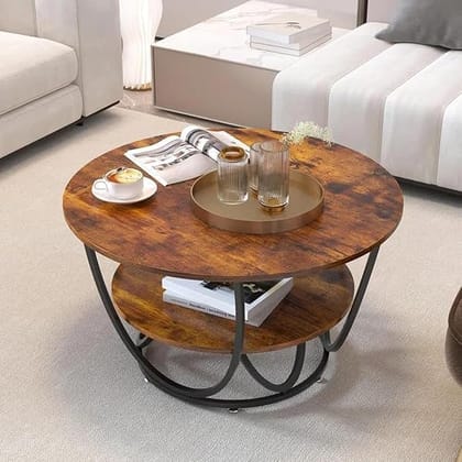 Modern Faux Marble Top Round 2 Tier Metal Coffee Tables Simple Living Room Table Sets, Sofa Center Table End Tables with Metal Frame Home Decor for Living Room (Black & Brown)