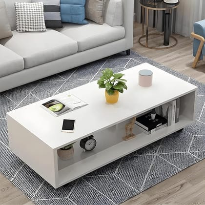 Wooden Coffee Table, Centre Table, Drawing Room Table, Tea Table with Wheels and Shelf for Storage (DIY, 80 x 40 x 40 cm, MOCT-R92101) (White Mist)