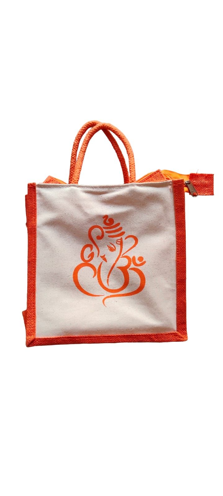 Ganesha Om Jute Canvas Return Gift Bag with Zipper | Eco-Friendly Pooja Tote