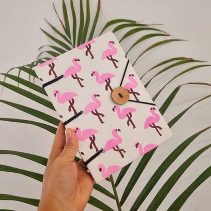 Handmade Flamingo Print Diary Book with Wooden Button Closure