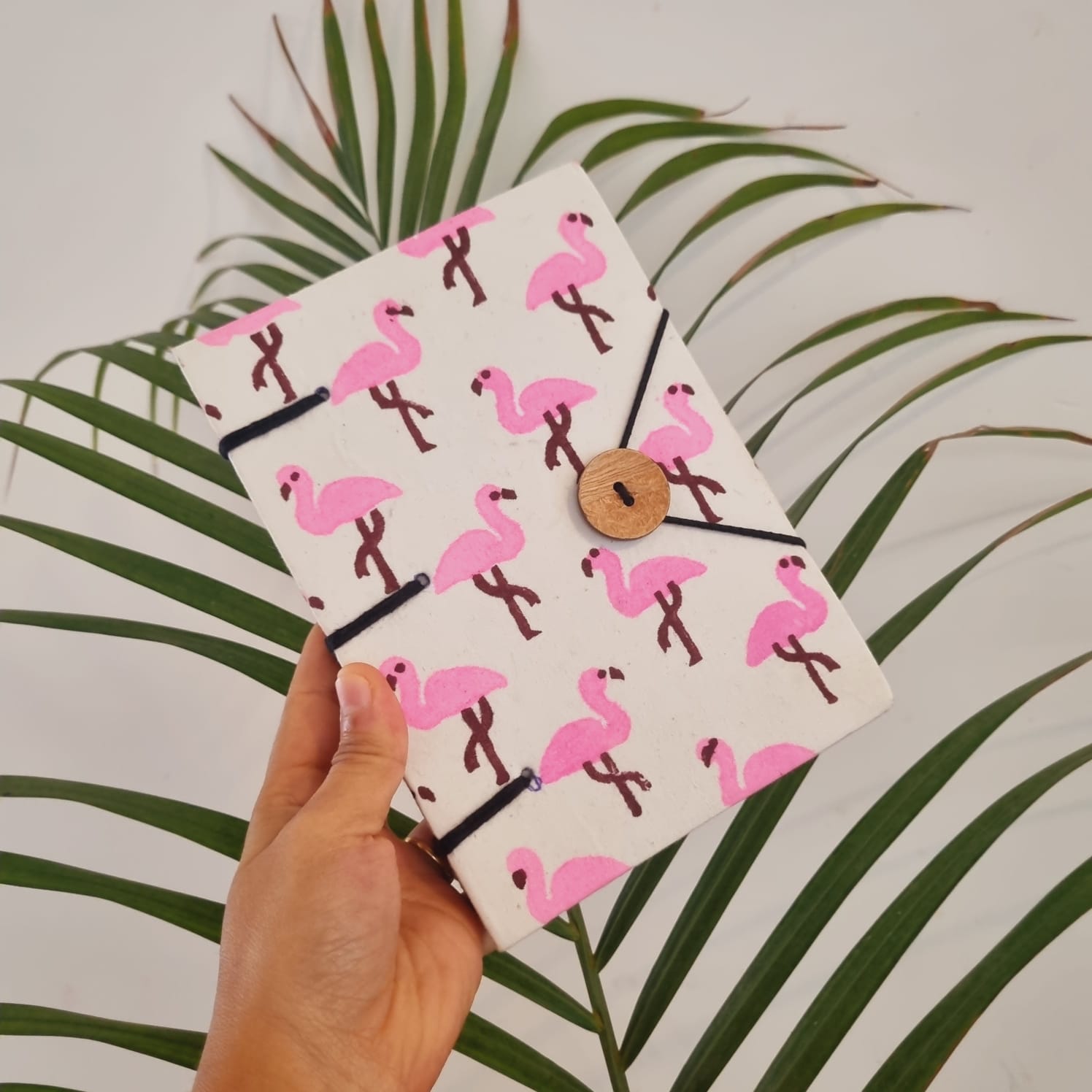 Handmade Flamingo Print Diary Book with Wooden Button Closure