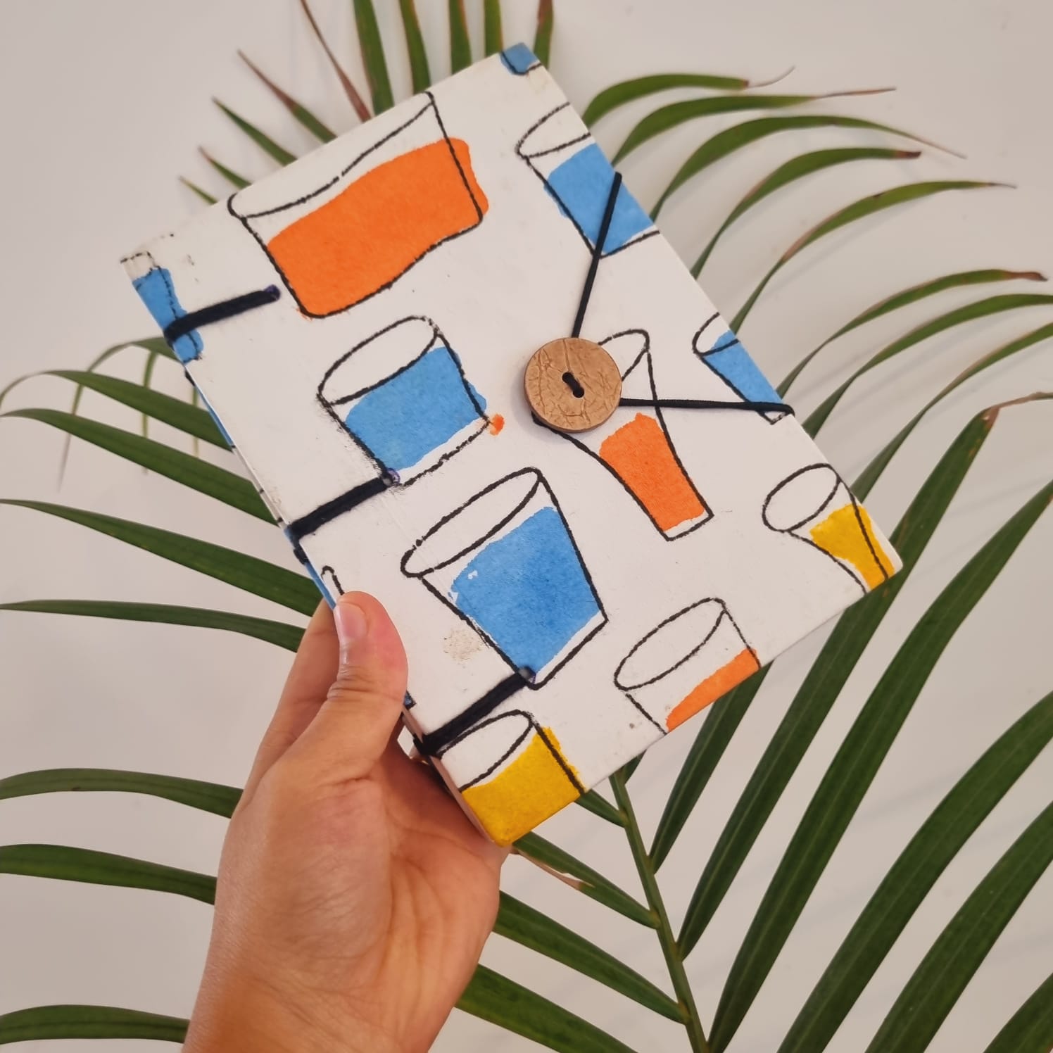 Handmade Glass Print Eco-Friendly Diary with Wooden Button Closure