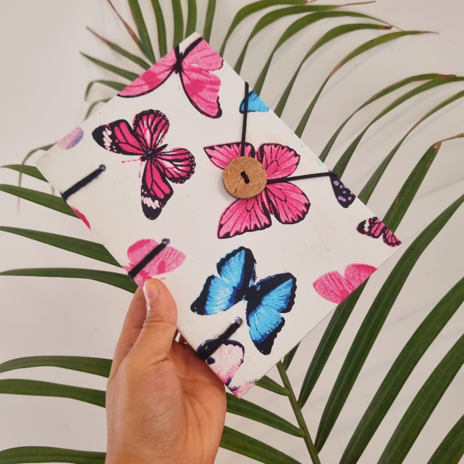 Handmade Butterfly Print Eco-Friendly Diary with Wooden Button Closure