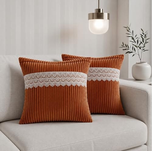 RD TREND Cushion Cover 16 Inch x 16 Inch | Decorative Lace Trim with Corduroy Double-Sided Striped Sofa Pillow