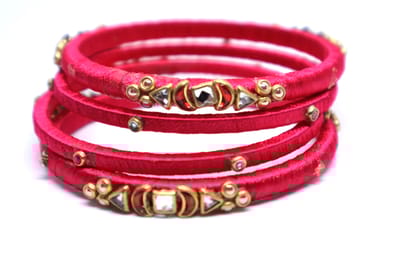 Elegant Pink Silk Thread Bangles Set with Kundan Stone Work for Women