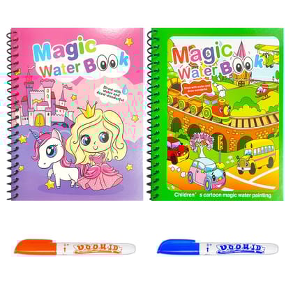 WildProducts - Reusable Magic Water Coloring Painting Book for Kids - Self Drying Water Pen - Fun and Learn Cartoon Educational Drawing Pad (Pack of 2)