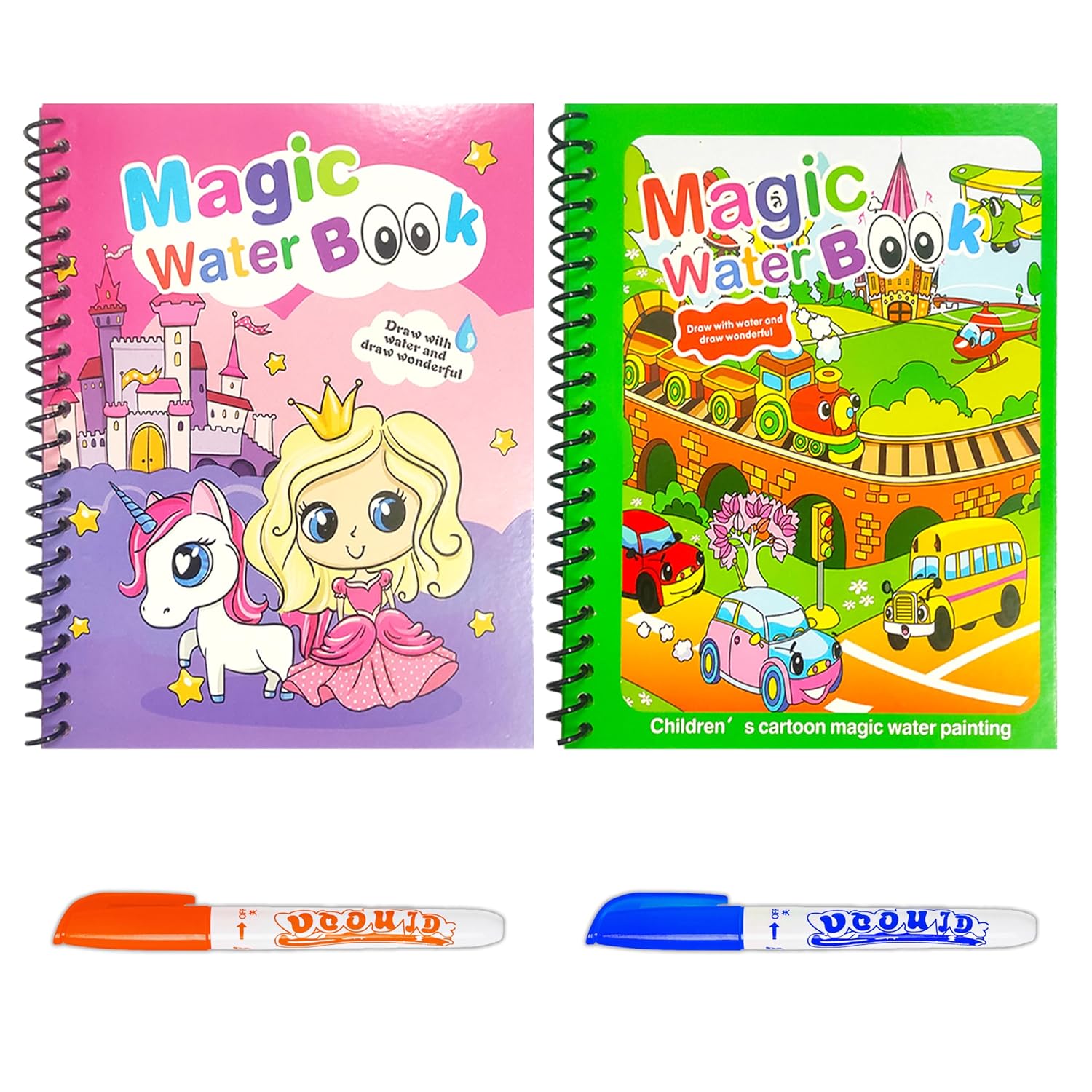 WildProducts - Reusable Magic Water Coloring Painting Book for Kids - Self Drying Water Pen - Fun and Learn Cartoon Educational Drawing Pad (Pack of 2)
