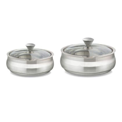 Borosil Stainless Steel Striped Handi Server with Glass Lid | Serving Pot | Dahi Containers | Corrosion Resistance Biryani Pot - Set of 2 (Silver, 800ml + 1.2L)