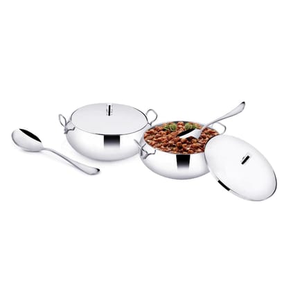POGON Supremo Stainless Steel Serving Set Bowl with Lid and Spoon, 4 Pieces, Silver
