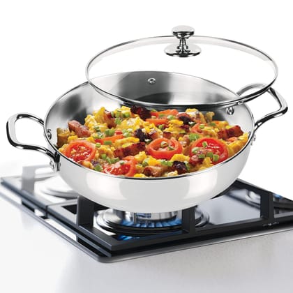 MILTON Pro cook Stainless Steel Kadhai with Glass Lid, 20 cm / 1.68 litres, Sandwich Bottom Cookware, Induction and Gas Stove Friendly Kadai for Cooking, Deep Frying, Stir-Fry, Sauté