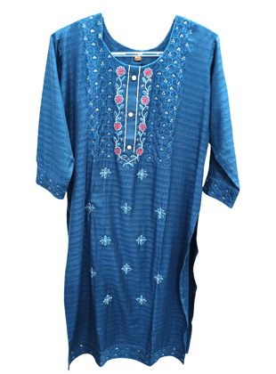 Women's Embroidered Blue Cotton Kurti - Ethnic Wear for Casual & Festive Occasions