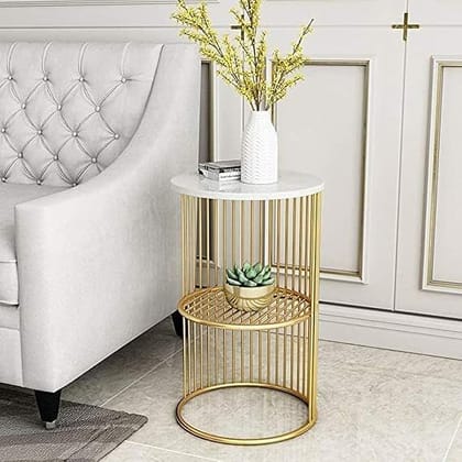 Modern Round Coffee Table End | Centre Table Wooden Top and Metal Frame 21 Jali Metal Corner Table (Golden White)
