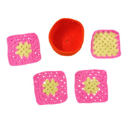 Vibrant Handmade Crochet Granny Squares & Yarn Bowl Set - DIY Craft & Decor Vibrant Handmade Crochet Granny Squares & Yarn Bowl Set - DIY Craft & Decor