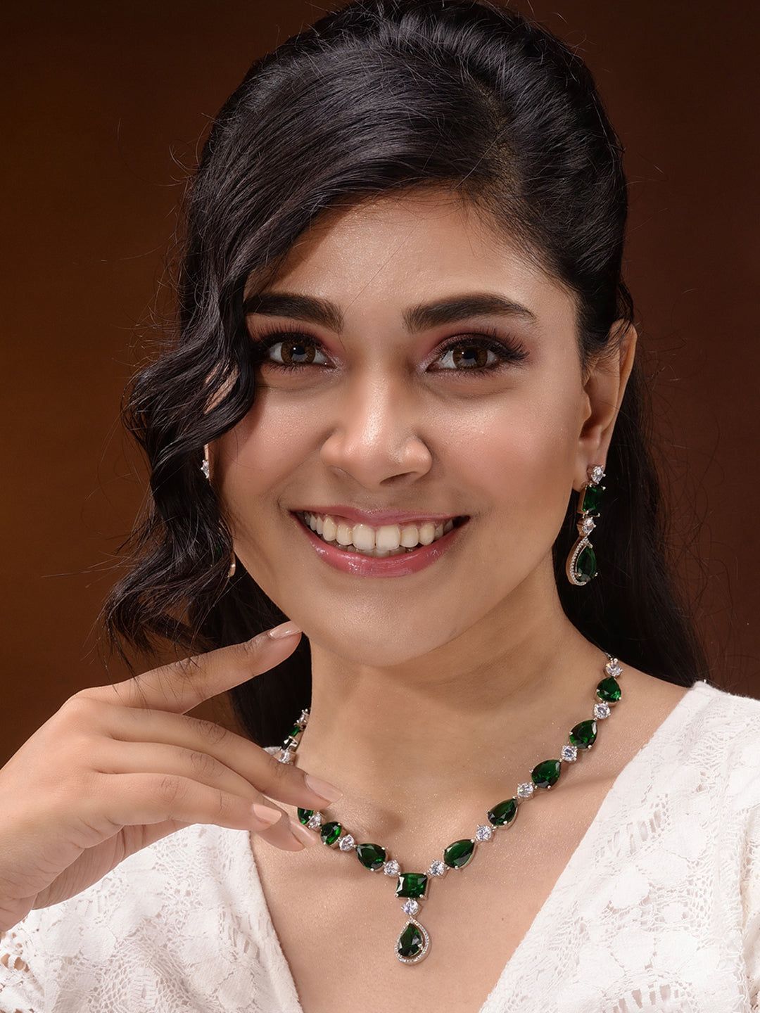 Silver Toned Green AD studfded designer Necklace Jewellery Set
