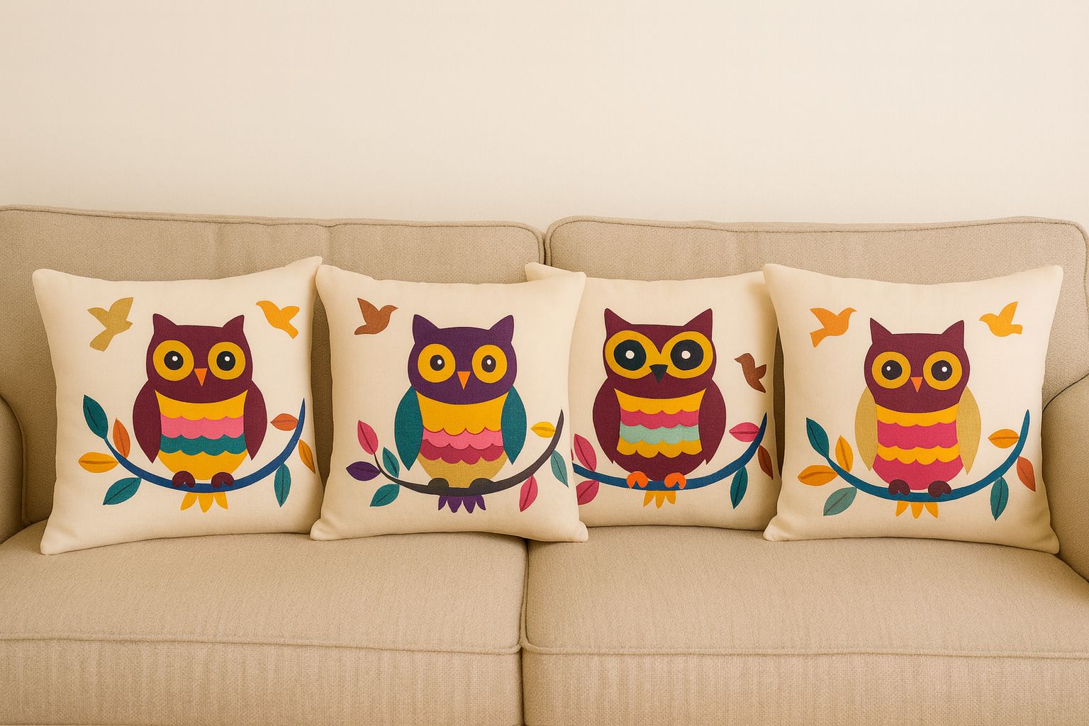Whimsical Owl Decorative Pillow for Bedroom (Set of 4)
