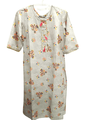 Elegant Grey Floral Paisley Printed Women's Kurta with Tassel Detail Elegant Grey Floral Paisley Printed Women's Kurta with Tassel Detail