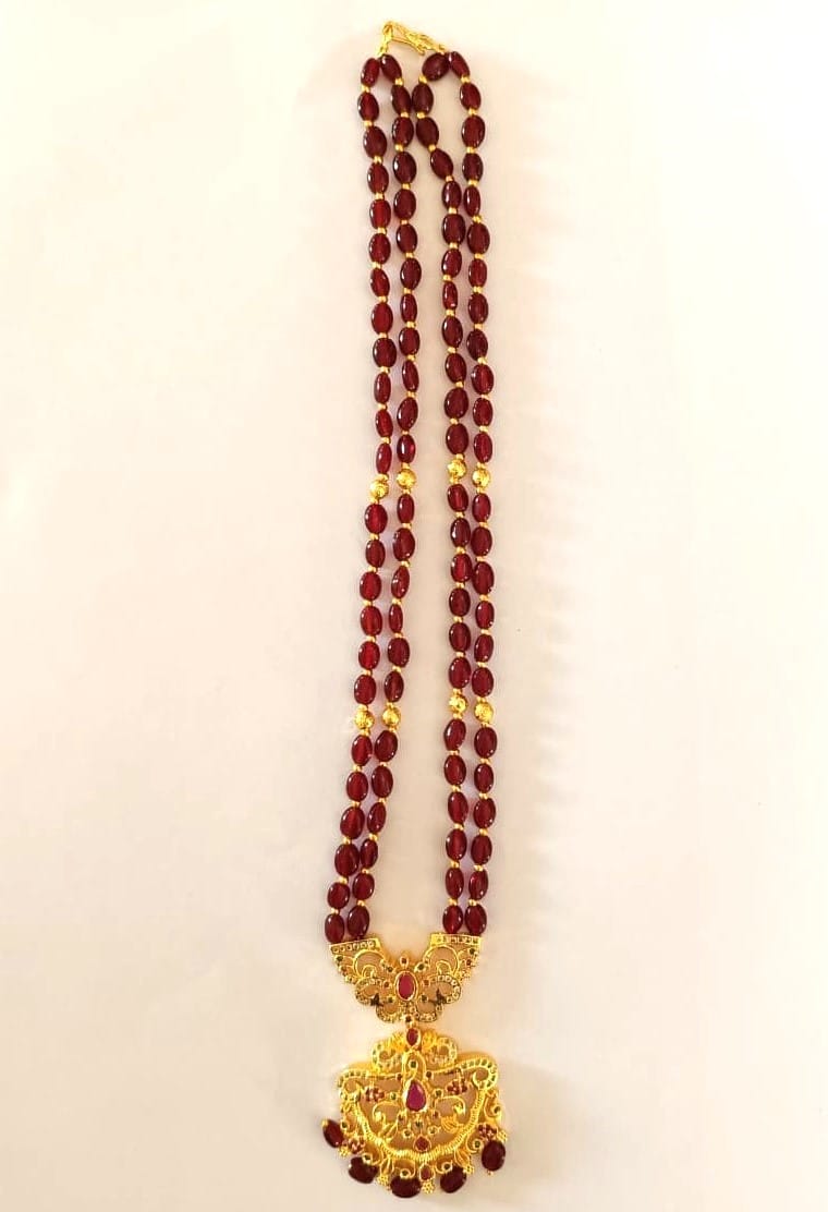 Stunning Traditional Red Beaded Gold Tone Long Necklace with Intricate Temple Design Pendant