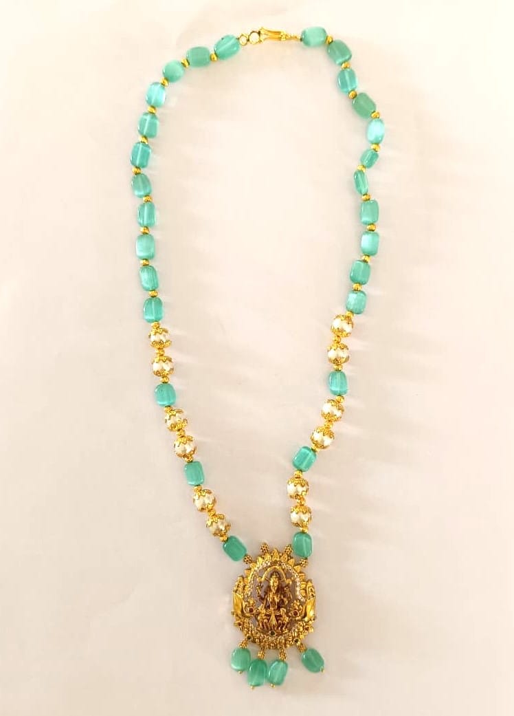 Traditional Gold Plated Lakshmi Pendant Necklace with Aqua & Pearl Beads