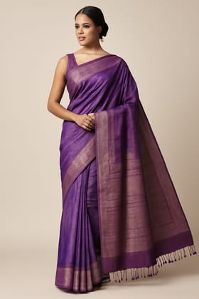 Elegant Purple Silk Blend Saree with Contrast Border & Tassels (without blouse)