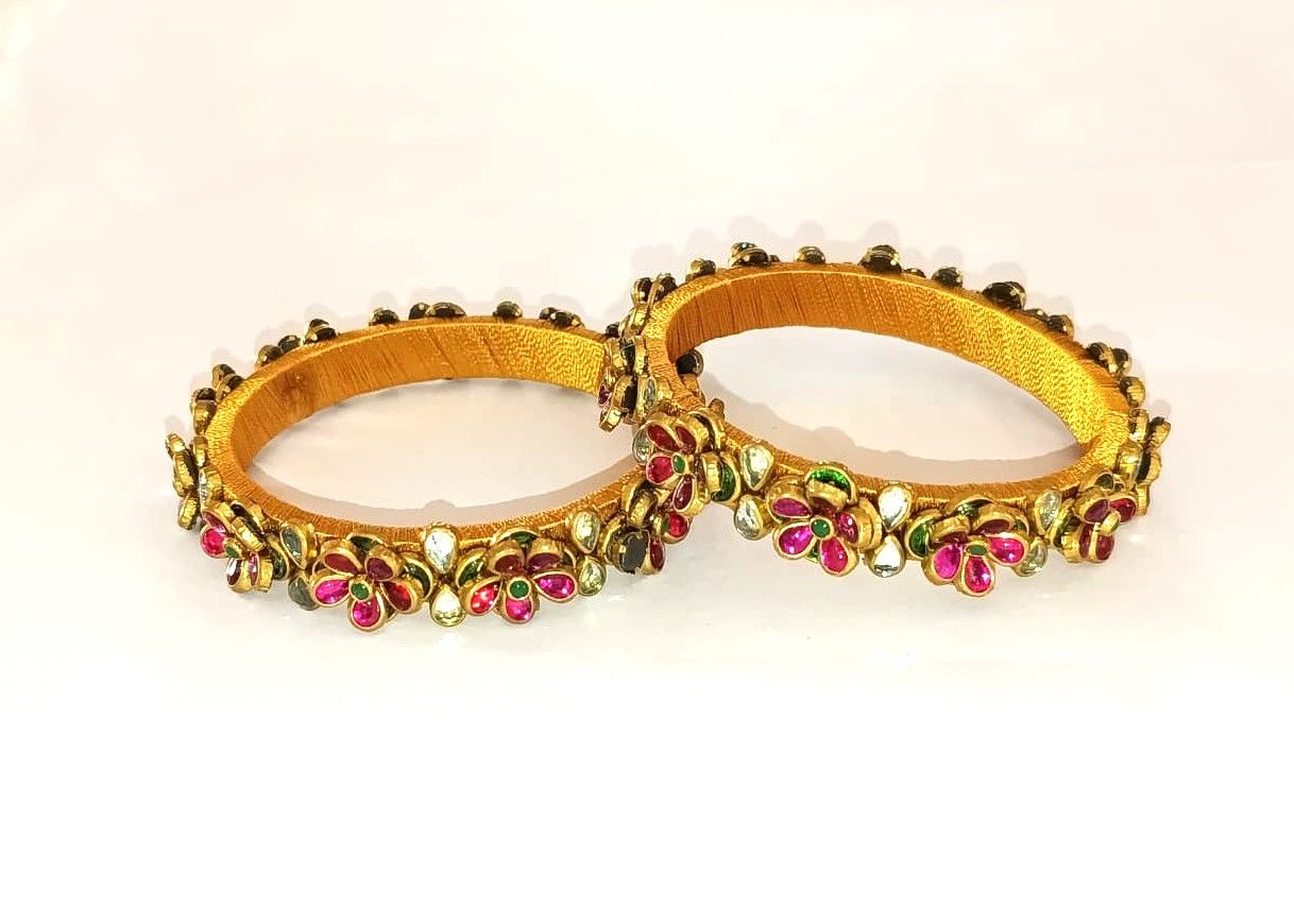 Traditional Gold Thread Work Bangles with Multi-Stone Floral Design - Ethnic Indian Kada Set