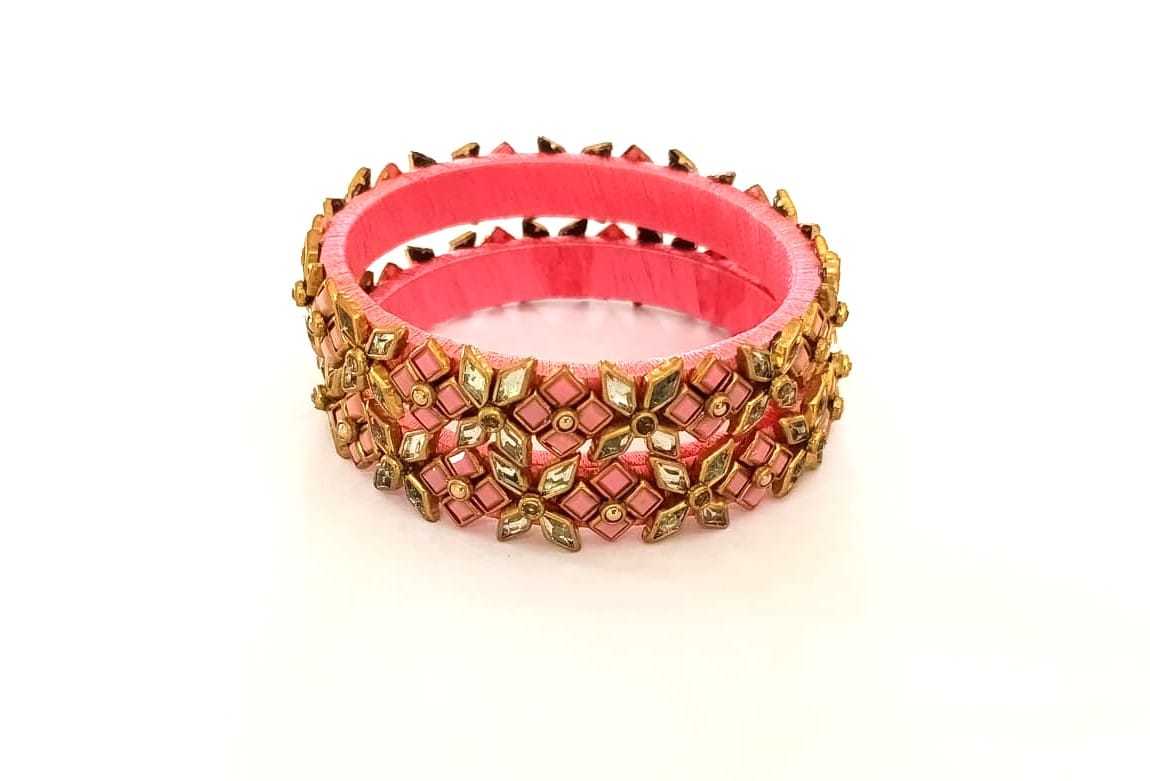 Traditional Pink Silk Thread Bangles with Golden Stone Work - Set of 2
