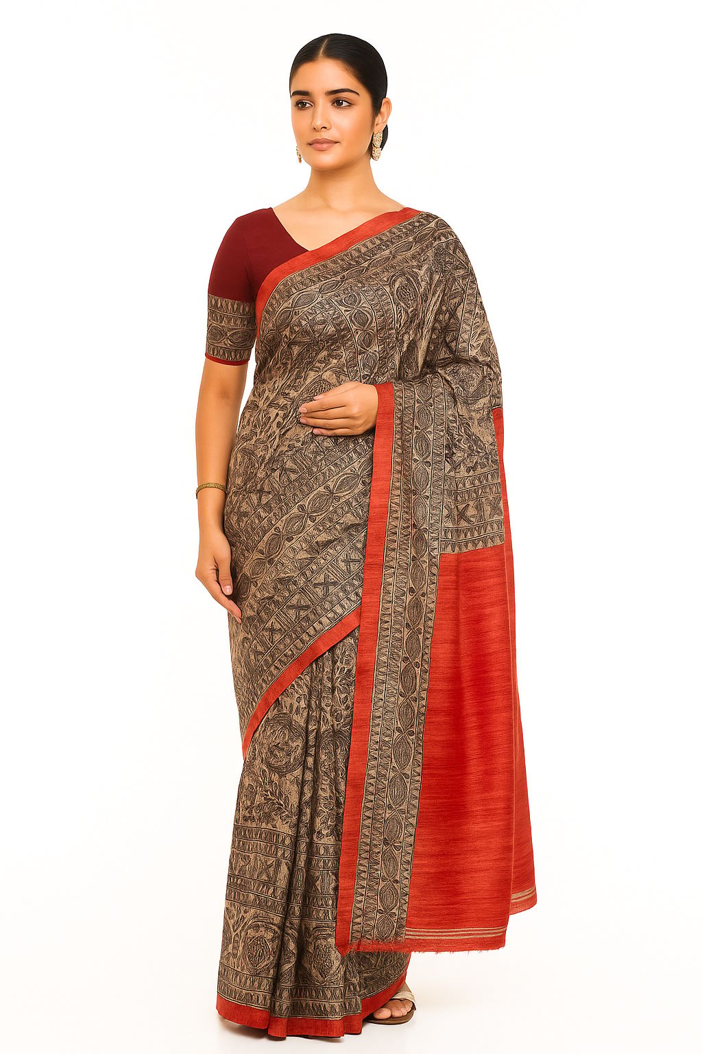 Tribal Elegance Red-Trimmed Saree